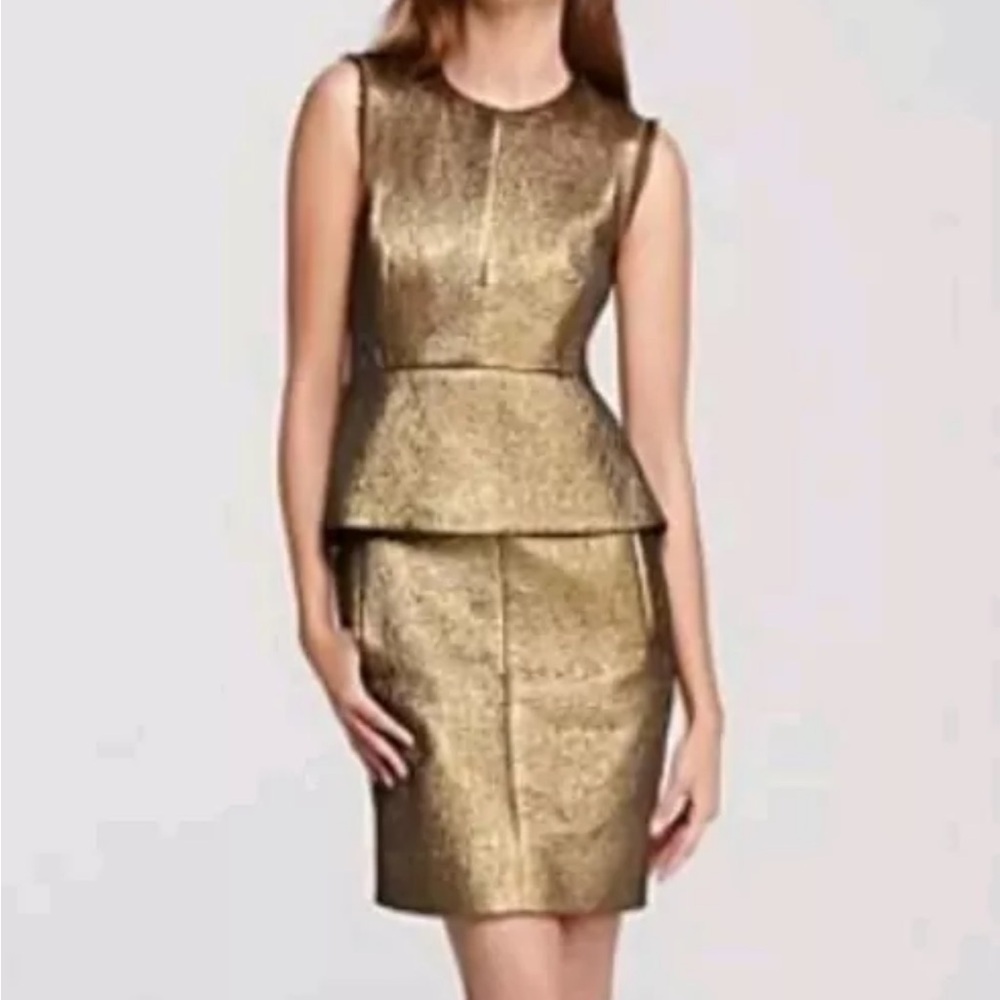 DVF Diane Von Furstenberg JACQUARD Bronze Gold Peplum Sheath Dress Sz 2